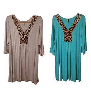 Voll Womens Tunic Tops Sz 3XL Tan Green Cheetah Print V Neck 3/4 Sleeve Lot Of 2